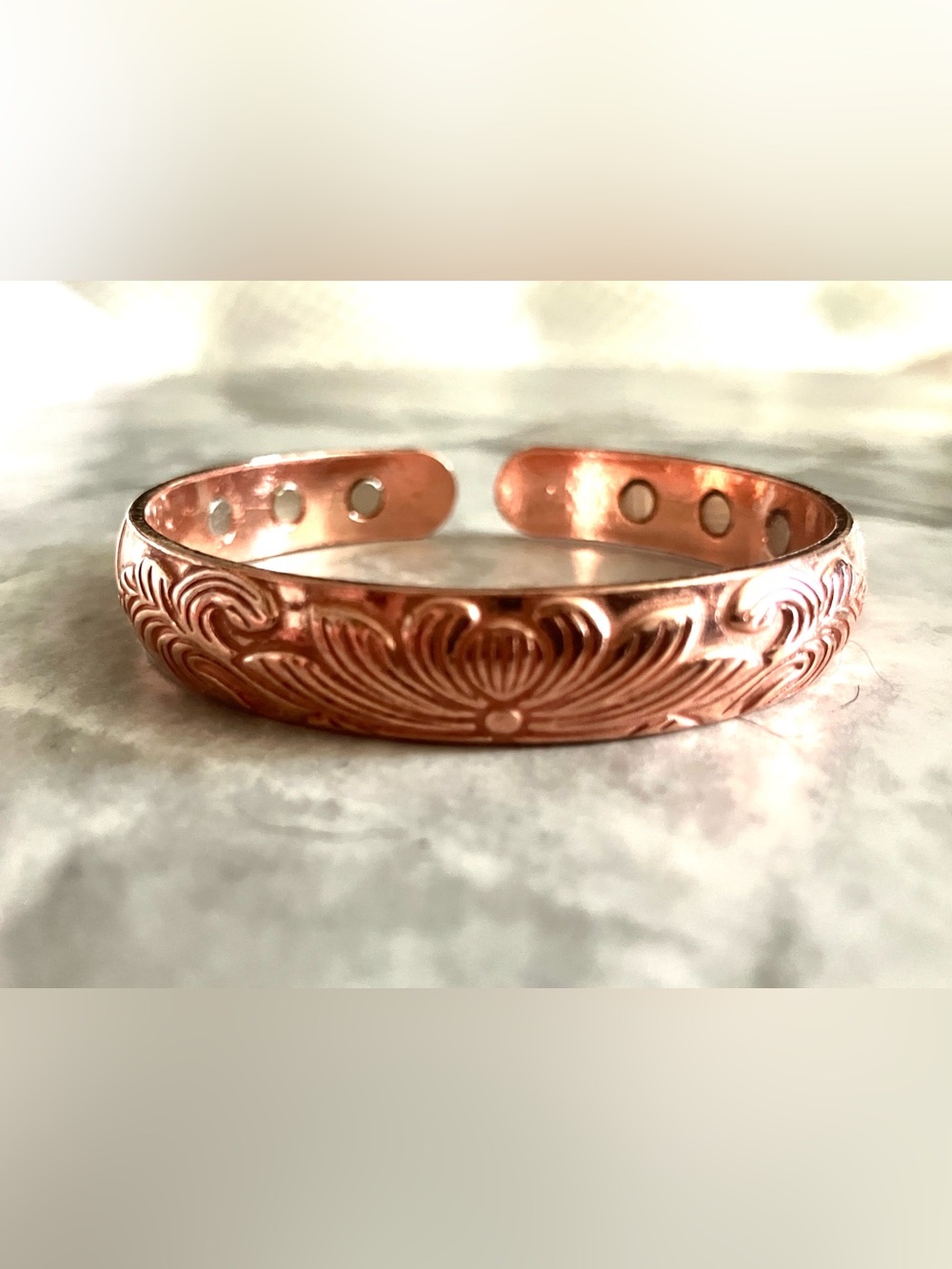 Copper Floral-Engraved Magnetic Cuff Bracelet